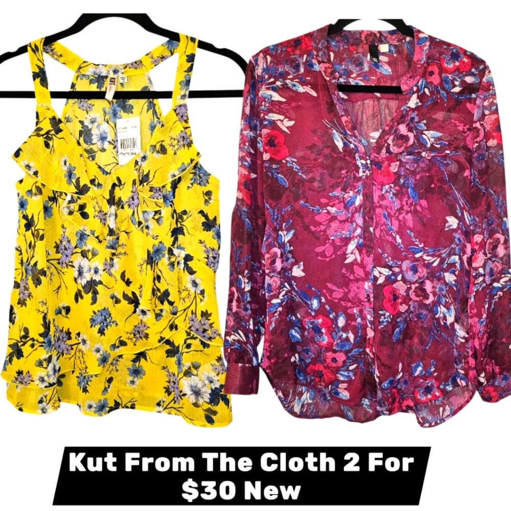 Kut from the Kloth Yellow and Purple Floral Tops Sheer  Yellow NWT   Purple NWOT